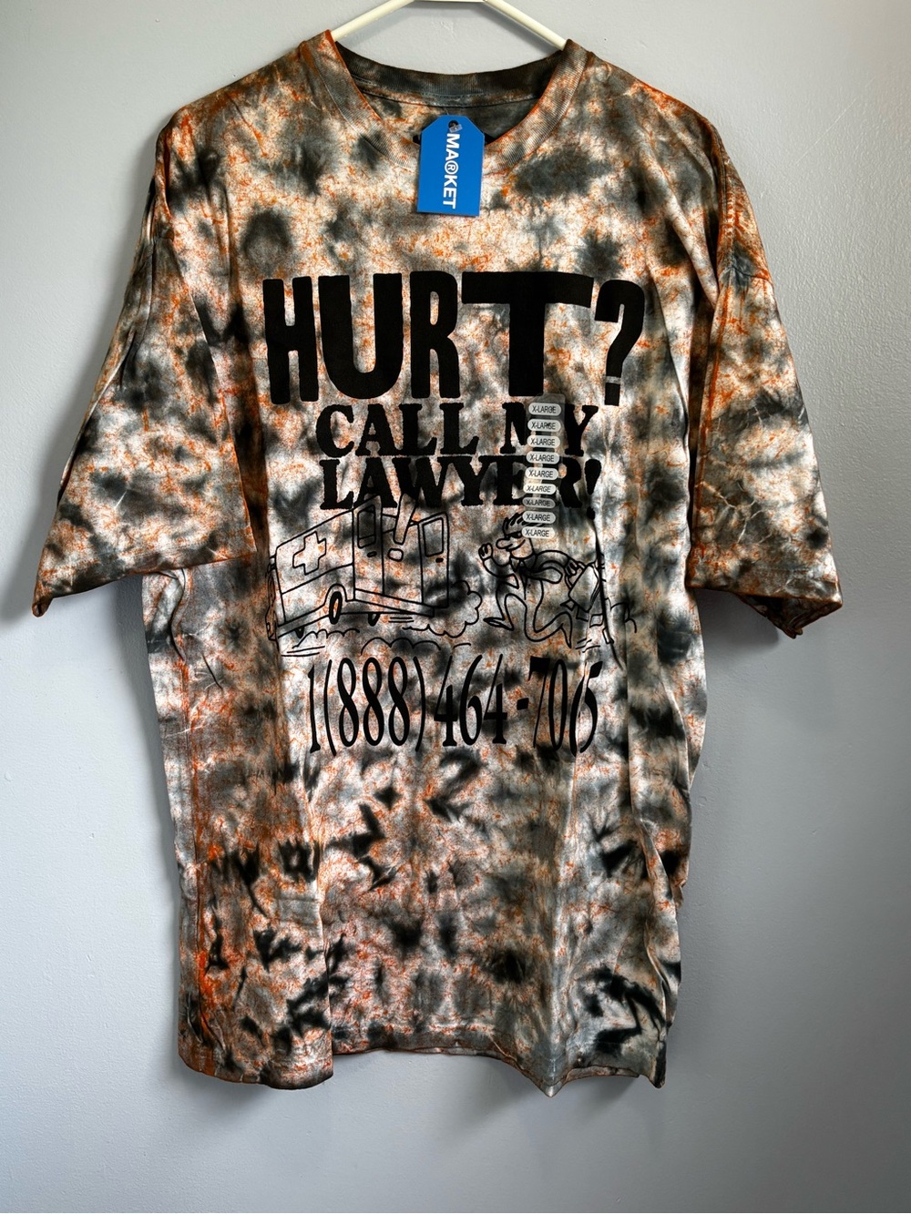 Tie-Dye 'HURT? CALL MY LAWYER' Short Sleeve Tee in Orange Black Gray Sz XL. NWT